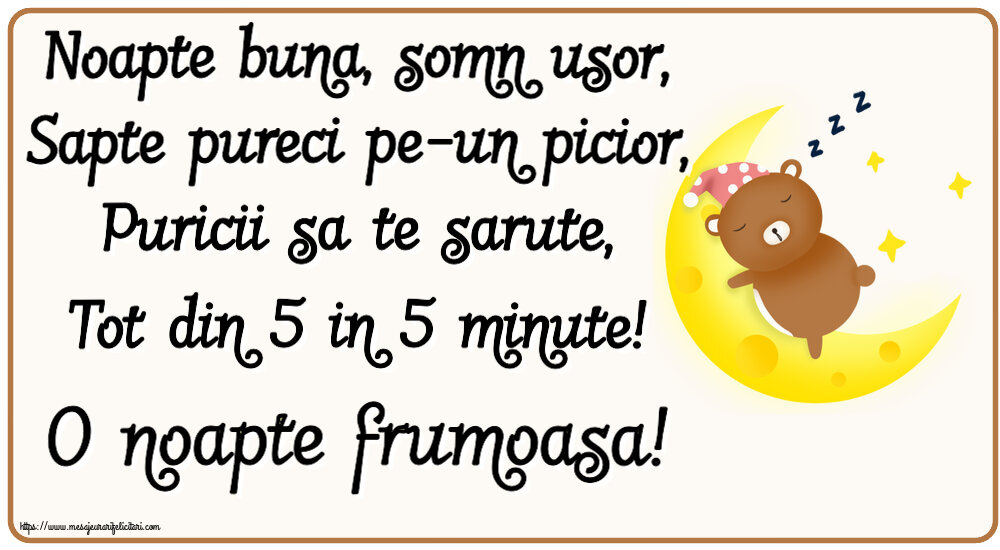Noapte buna Noapte buna, somn usor, Sapte pureci pe-un picior, Puricii sa te sarute, Tot din 5 in 5 minute! O noapte frumoasa!