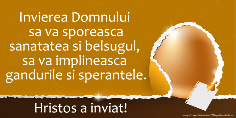 Invierea Domnului  sa va sporeasca sanatatea si belsugul, sa va implineasca  gandurile si sperantele. Hristos a inviat!