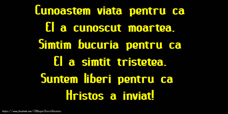 Cunoastem viata pentru ca El a cunoscut moartea. Simtim bucuria pentru ca El a simtit tristetea. Suntem liberi pentru ca Hristos a inviat! Sarbatori fericite!