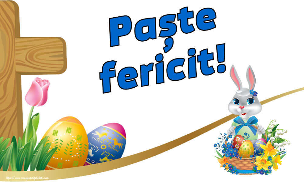 Felicitari de Paste - Paște fericit! ~ iepuraș dragălaș cu un coș de ouă și flori - mesajeurarifelicitari.com