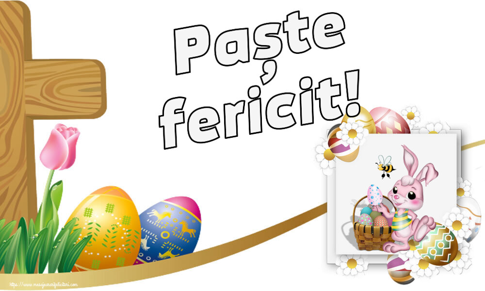 Felicitari de Paste - Paște fericit! ~ aranjament cu iepuraș, ouă și flori - mesajeurarifelicitari.com