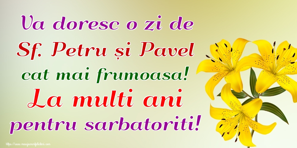 Va doresc o zi de Sf. Petru și Pavel cat mai frumoasa! La multi ani pentru sarbatoriti!