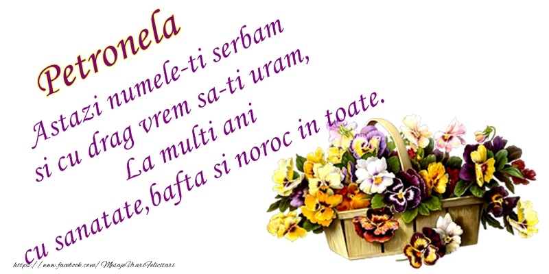 Petronela Astazi numele-ti serbam si cu drag vrem sa-ti uram, La multi ani cu sanatate, bafta si noroc in toate.
