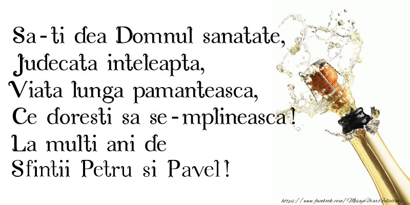 Sa-ti dea Domnul sanatate, Judecata inteleapta, Viata lunga pamanteasca, Ce doresti sa se-mplineasca! La multi ani de Sfintii Petru si Pavel!