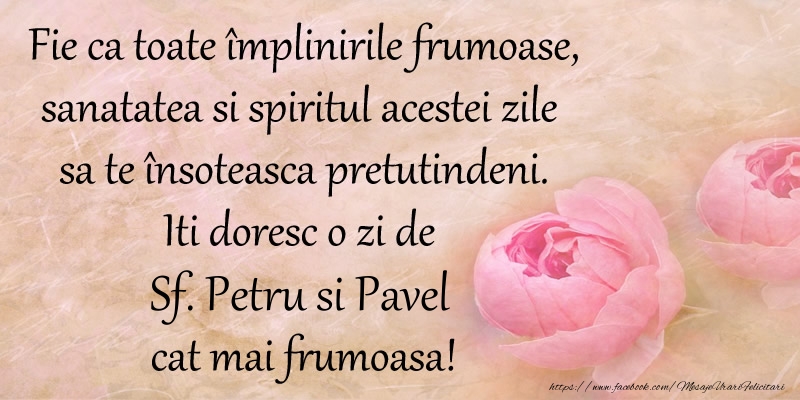 Fie ca toate implinirile frumoase, sanatatea si spiritul acestei zile sa te insoteasca pretutindeni. Iti doresc o zi de Sf. Petru si Pavel cat mai frumoasa!