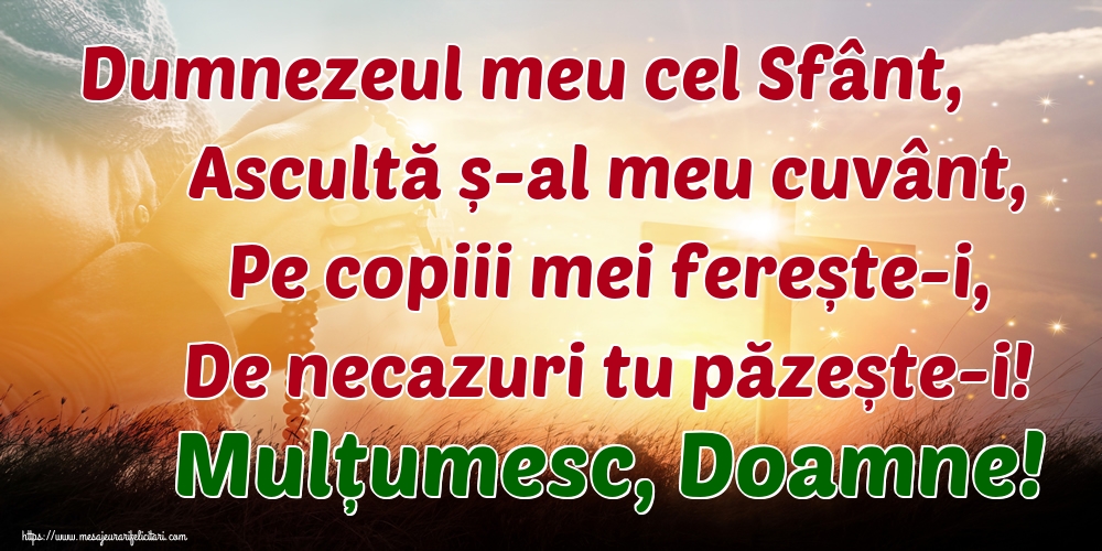Dumnezeul meu cel Sfânt, Ascultă ș-al meu cuvânt, Pe copiii mei ferește-i, De necazuri tu păzește-i! Mulțumesc, Doamne!