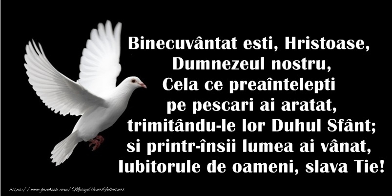 Binecuvantat esti, Hristoase, Dumnezeul nostru, Cela ce preaintelepti pe pescari ai aratat, trimitandu-le lor Duhul Sfant; si printr-insii lumea ai vanat, Iubitorule de oameni, slava Tie!