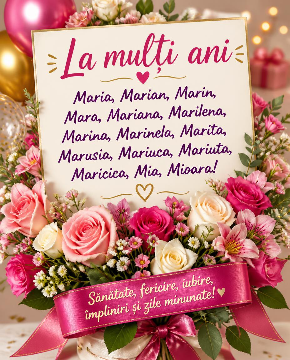 La multi ani Maria, Marian, Marin, Mara, Mariana, Marilena, Marina, Marinela, Marita, Marusia, Mariuca, Mariuta, Maricica, Mia, Mioara!