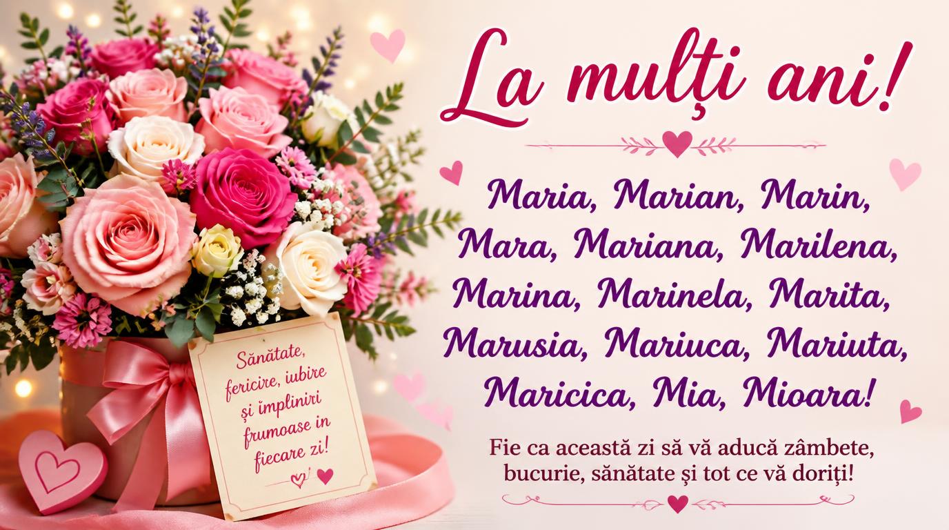 La multi ani Maria, Marian, Marin, Mara, Mariana, Marilena, Marina, Marinela, Marita, Marusia, Mariuca, Mariuta, Maricica, Mia, Mioara!