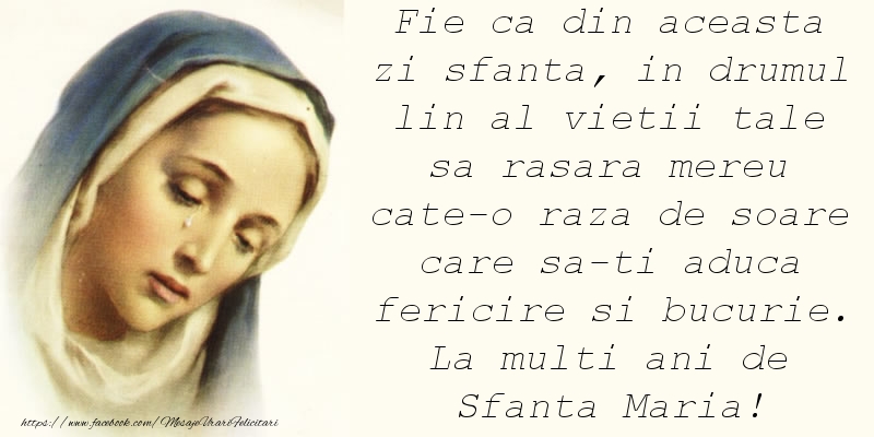 Sfanta Maria Mare Fie ca din aceasta zi sfanta, in drumul lin al vietii tale sa rasara mereu cate-o raza de soare care sa-ti aduca fericire si bucurie. La multi ani de Sfanta Maria!