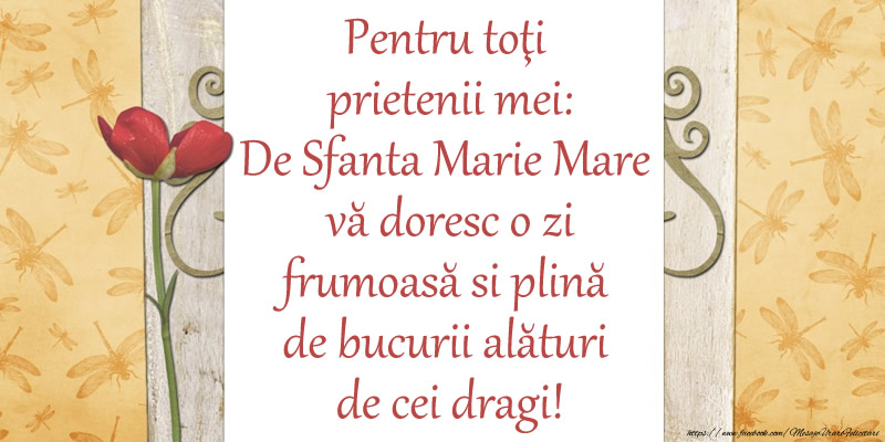 Felicitari de Sfanta Maria - Pentru toţi  prietenii mei: De Sfanta Marie Mare vă doresc o zi frumoasă si plină de bucurii alături de cei dragi! - mesajeurarifelicitari.com