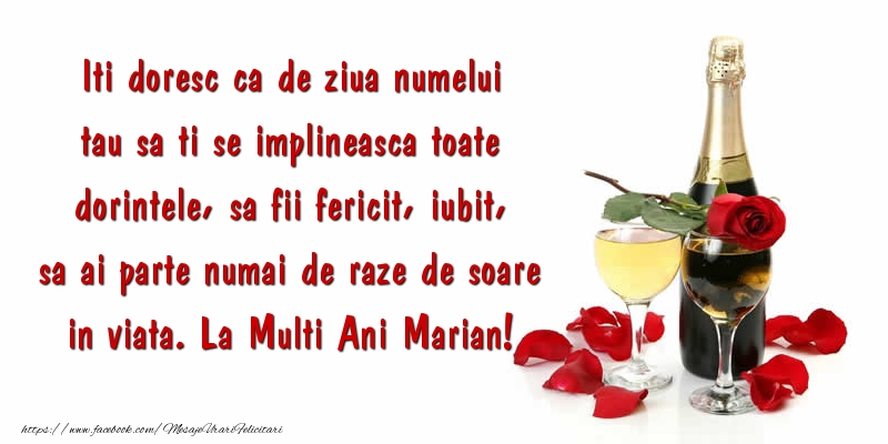 Felicitari de Sfanta Maria - Iti doresc ca de ziua numelui tau sa ti se implineasca toate dorintele, sa fii fericit, iubit, sa ai parte numai de raze de soare in viata. La Multi Ani Marian! - mesajeurarifelicitari.com