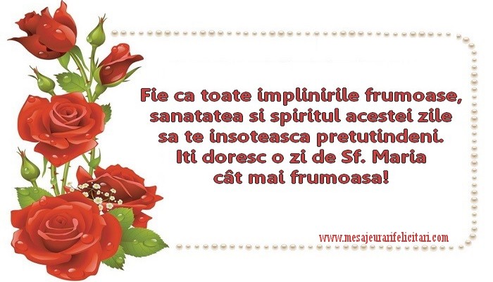 Fie ca toate implinirile frumoase, sanatatea si spiritul acestei zile sa te insoteasca pretutindeni. Iti doresc o zi de Sf. Maria cat mai frumoasa!