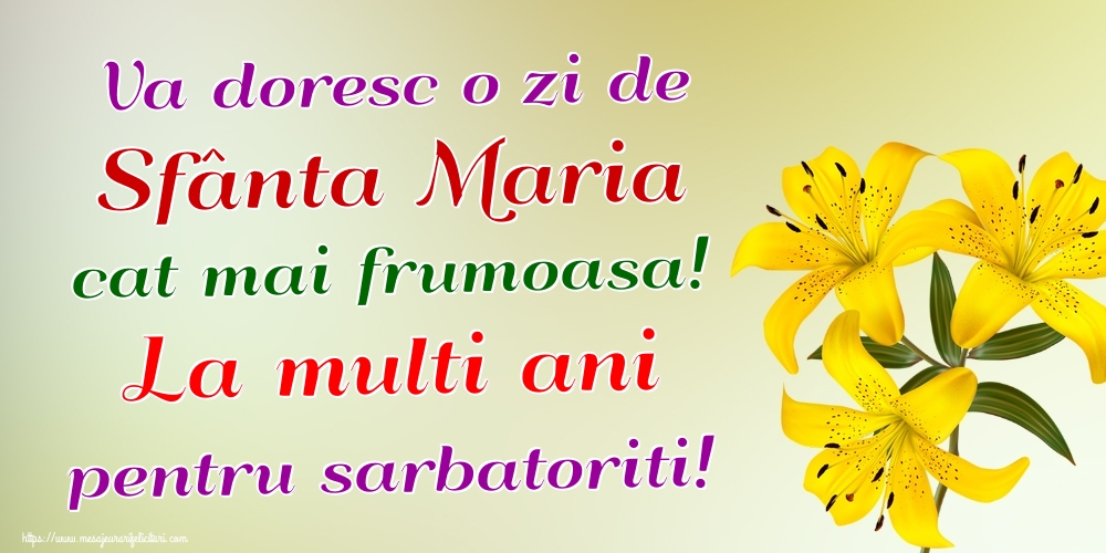 Va doresc o zi de Sfânta Maria cat mai frumoasa! La multi ani pentru sarbatoriti!