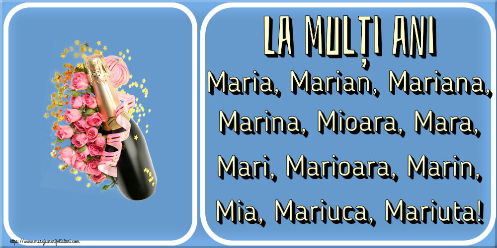 La mulți ani Maria, Marian, Mariana, Marina, Mioara, Mara, Mari, Marioara, Marin, Mia, Mariuca, Mariuta! ~ aranjament cu șampanie și flori