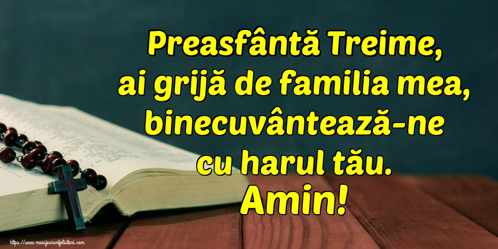 Preasfântă Treime, ai grijă de familia mea, binecuvântează-ne cu harul tău. Amin!