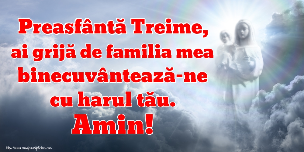 Preasfântă Treime, ai grijă de familia mea binecuvântează-ne cu harul tău. Amin!