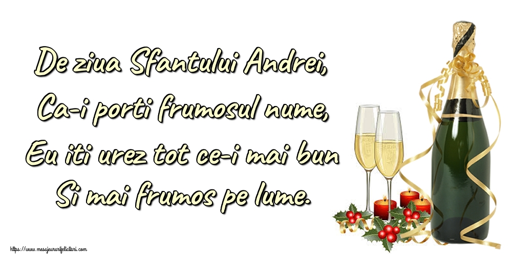 Sfantul Andrei De ziua Sfantului Andrei, Ca-i porti frumosul nume, Eu iti urez tot ce-i mai bun Si mai frumos pe lume.