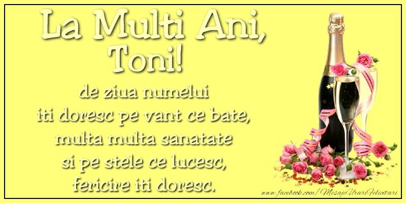 La multi ani, Toni! de ziua numelui iti doresc pe vant ce bate, multa multa sanatate si pe stele ce lucesc, fericire iti doresc.