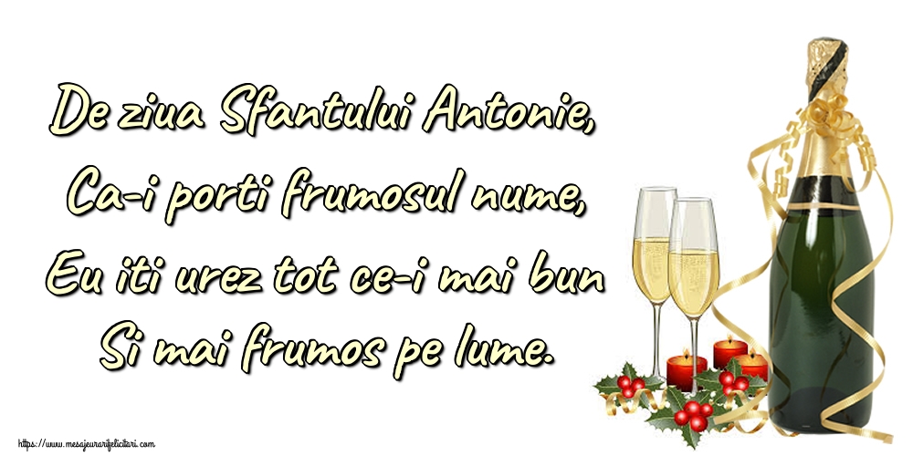 Sfantul Antonie cel Mare De ziua Sfantului Antonie, Ca-i porti frumosul nume, Eu iti urez tot ce-i mai bun Si mai frumos pe lume.