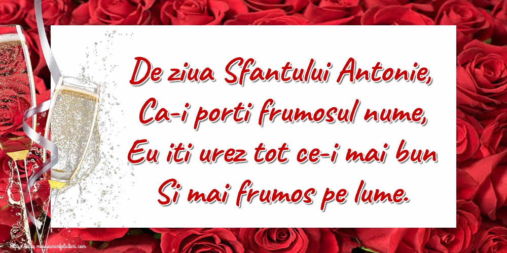 Felicitari de Sfantul Antonie cel Mare - De ziua Sfantului Antonie, Ca-i porti frumosul nume, Eu iti urez tot ce-i mai bun Si mai frumos pe lume. - mesajeurarifelicitari.com