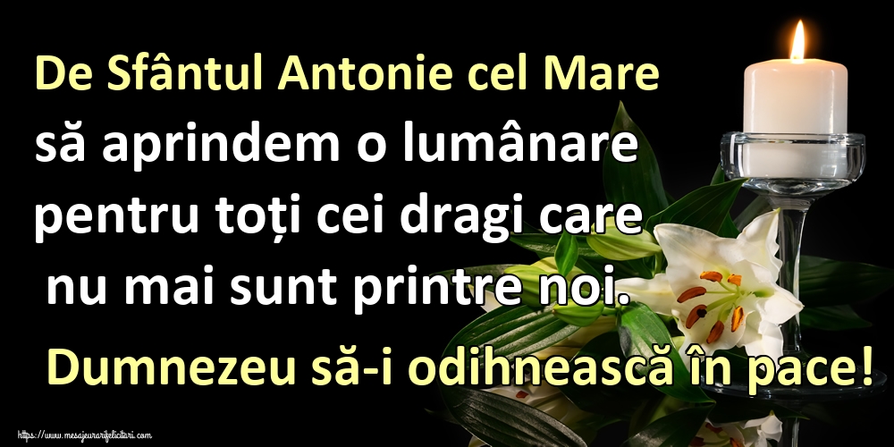 De Sfântul Antonie cel Mare să aprindem o lumânare pentru toți cei dragi care nu mai sunt printre noi. Dumnezeu să-i odihnească în pace!