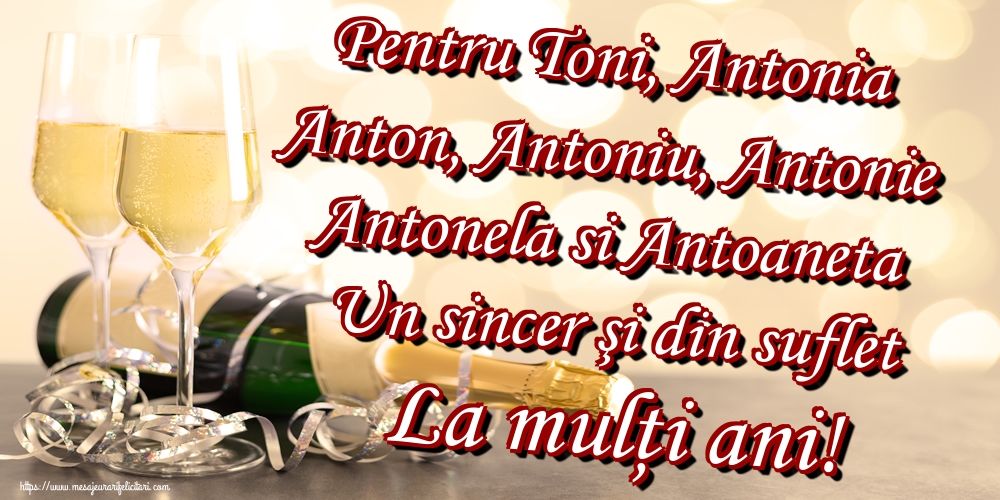 Pentru Toni, Antonia Anton, Antoniu, Antonie Antonela si Antoaneta Un sincer şi din suflet La mulţi ani!