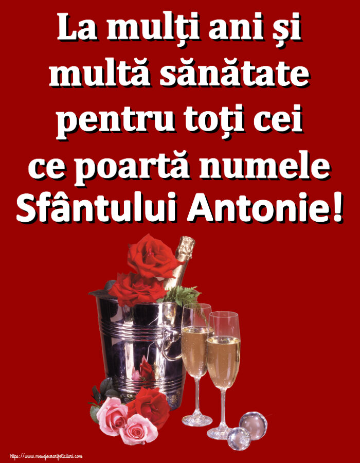Felicitari de Sfantul Antonie cel Mare - La mulți ani și multă sănătate pentru toți cei ce poartă numele Sfântului Antonie! ~ șampanie în frapieră & trandafiri - mesajeurarifelicitari.com