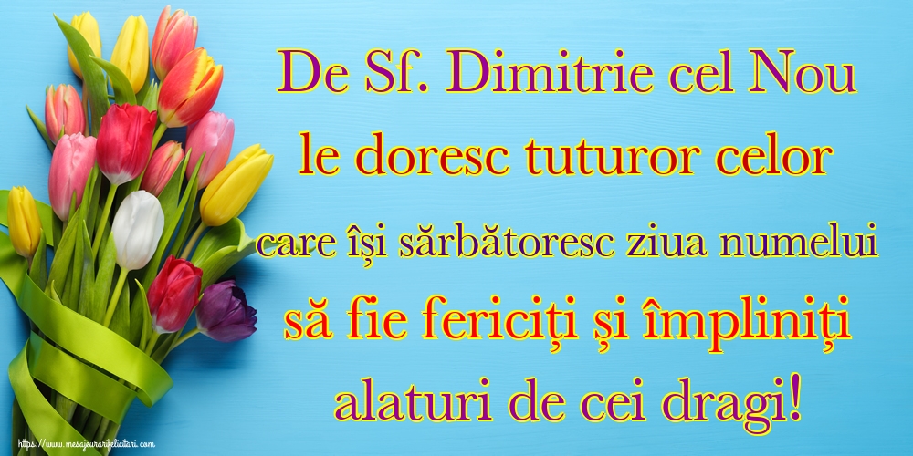Felicitari de Sfântul Dimitrie cel Nou - De Sf. Dimitrie cel Nou le doresc tuturor celor care își sărbătoresc ziua numelui să fie fericiți și împliniți alaturi de cei dragi!