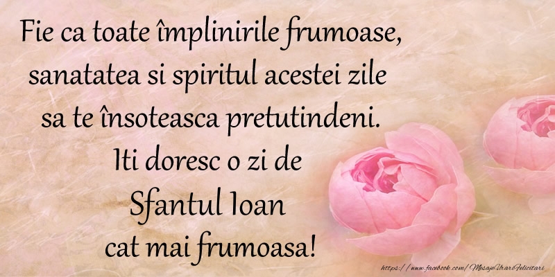 Felicitari de Sfantul Ioan - Fie ca toate implinirile frumoase, sanatatea si spiritul acestei zile sa te insoteasca pretutindeni. Iti doresc o zi de Sfantul Ioan cat mai frumoasa! - mesajeurarifelicitari.com