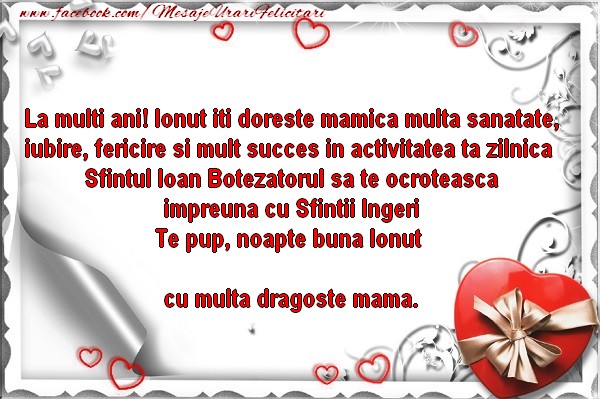 La multi ani! Ionut iti doreste mamica multa sanatate, iubire, fericire si mult succes in activitatea ta zilnica