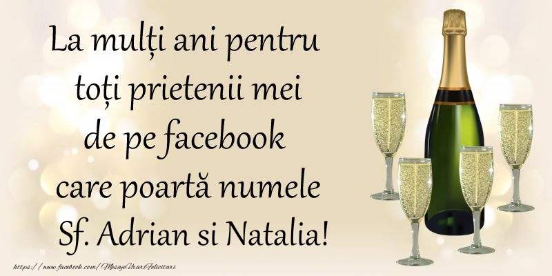 Felicitari de Sfintii Adrian si Natalia - La multi ani pentru toti prietenii mei de pe facebook care poarta numele Sf. Adrian si Natalia! - mesajeurarifelicitari.com
