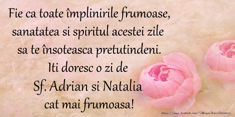 Fie ca toate implinirile frumoase, sanatatea si spiritul acestei zile sa te insoteasca pretutindeni. Iti doresc o zi de Sf. Adrian si Natalia cat mai frumoasa!