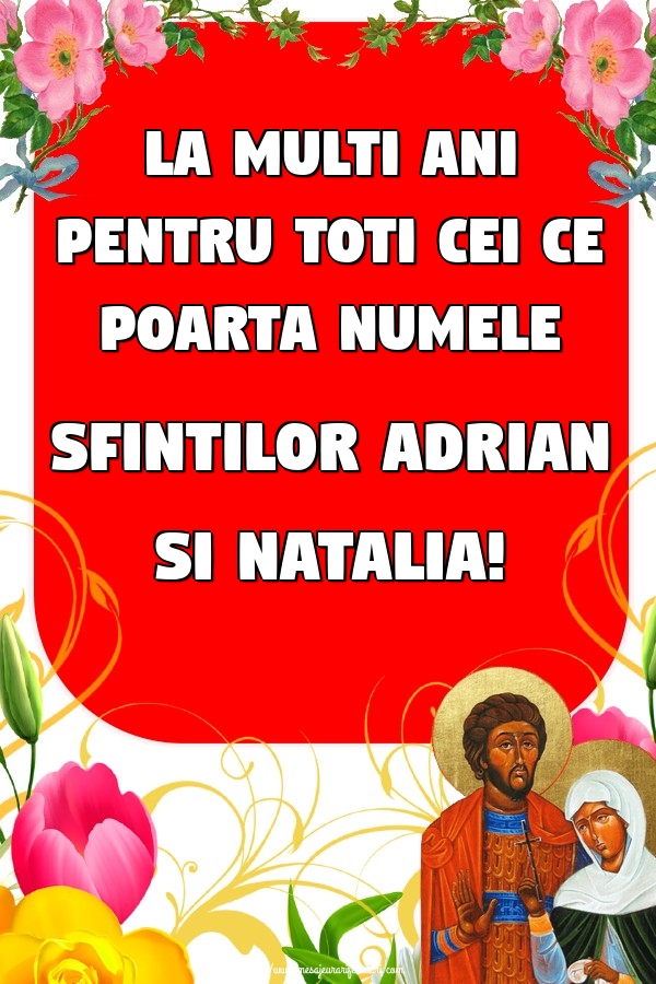 Felicitari de Sfintii Adrian si Natalia - La multi ani pentru toti cei ce poarta numele Sfintilor Adrian si Natalia! - mesajeurarifelicitari.com