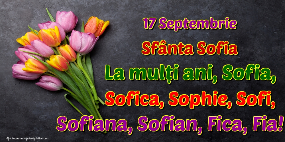 Cele mai apreciate felicitari de Sfânta Sofia - 17 Septembrie Sfânta Sofia La mulți ani, Sofia, Sofica, Sophie, Sofi, Sofiana, Sofian, Fica, Fia!