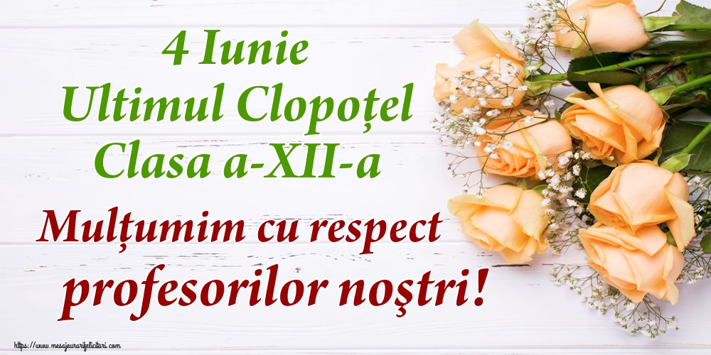 Felicitari Ultimul clopoţel clasa a-XII-a - 4 Iunie Ultimul Clopoţel Clasa a-XII-a Mulţumim cu respect profesorilor noştri! - mesajeurarifelicitari.com