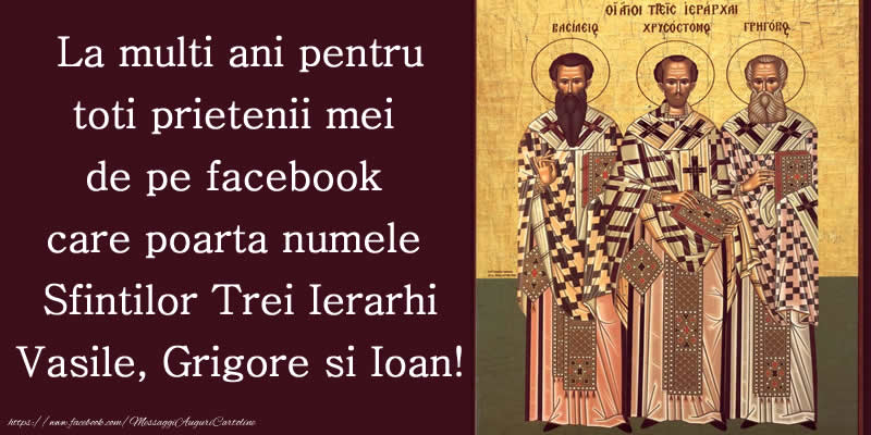 La multi ani pentru toti prietenii mei de pe facebook care poarta numele Sfintilor Trei Ierarhi Vasile, Grigore si Ioan!