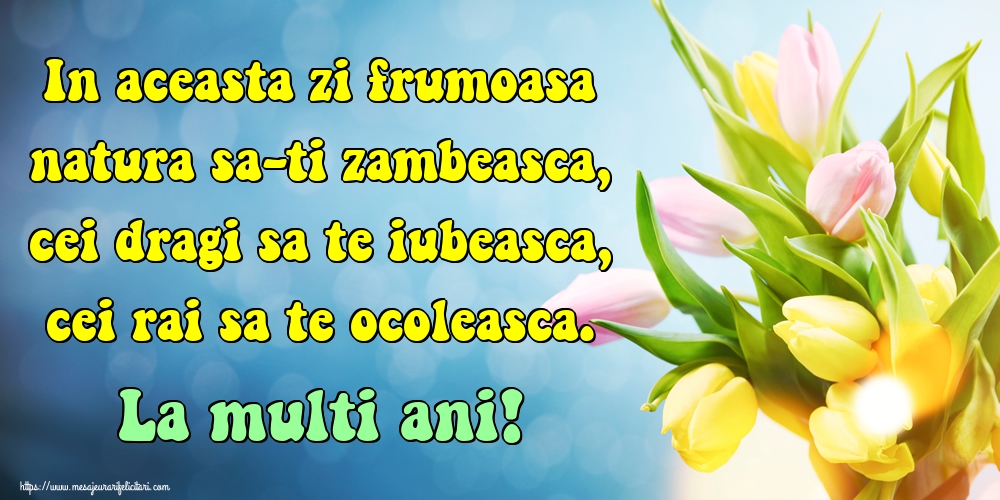 Felicitari de zi de nastere - In aceasta zi frumoasa natura sa-ti zambeasca, cei dragi sa te iubeasca, cei rai sa te ocoleasca. La multi ani! - mesajeurarifelicitari.com
