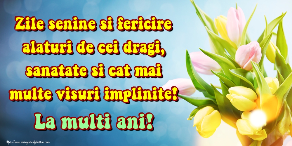 Zile senine si fericire alaturi de cei dragi, sanatate si cat mai multe visuri implinite! La multi ani!