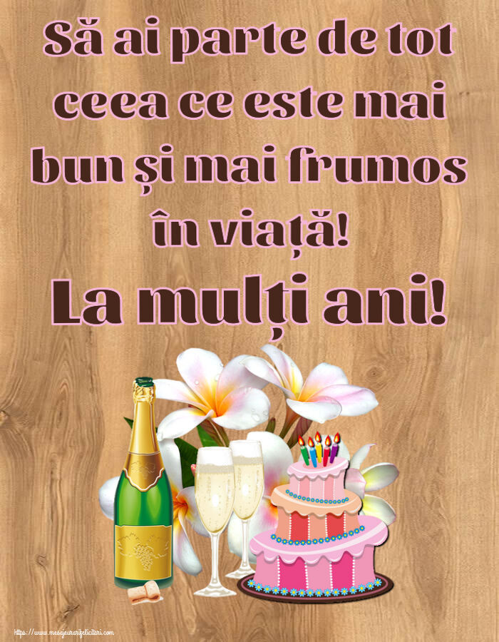 Felicitari de zi de nastere - Să ai parte de tot ceea ce este mai bun și mai frumos în viață! La mulți ani! ~ tort, șampanie și flori - desen - mesajeurarifelicitari.com