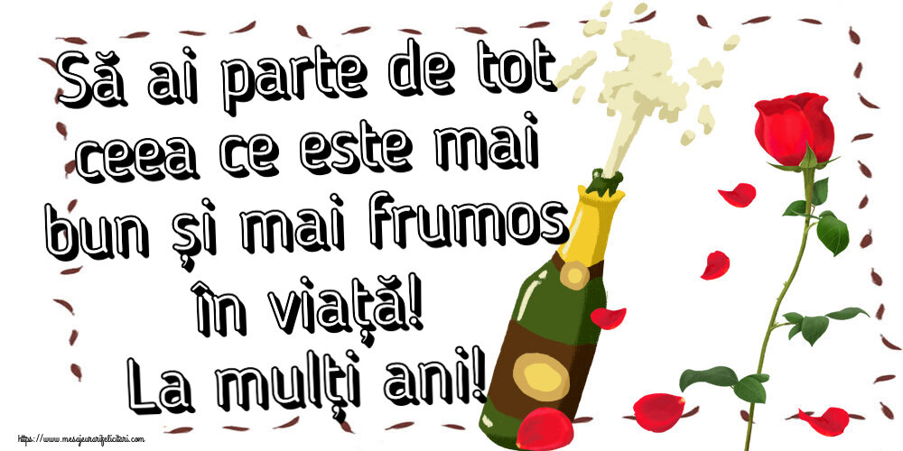 Felicitari de zi de nastere - 🌼🥳🍾🥂 Să ai parte de tot ceea ce este mai bun și mai frumos în viață! La mulți ani! ~ desen cu o șampanie și un trandafir - mesajeurarifelicitari.com