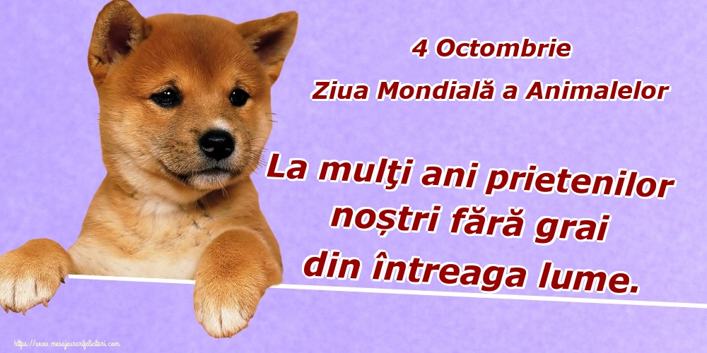 4 Octombrie Ziua Mondială a Animalelor La mulţi ani prietenilor noștri fără grai din întreaga lume.