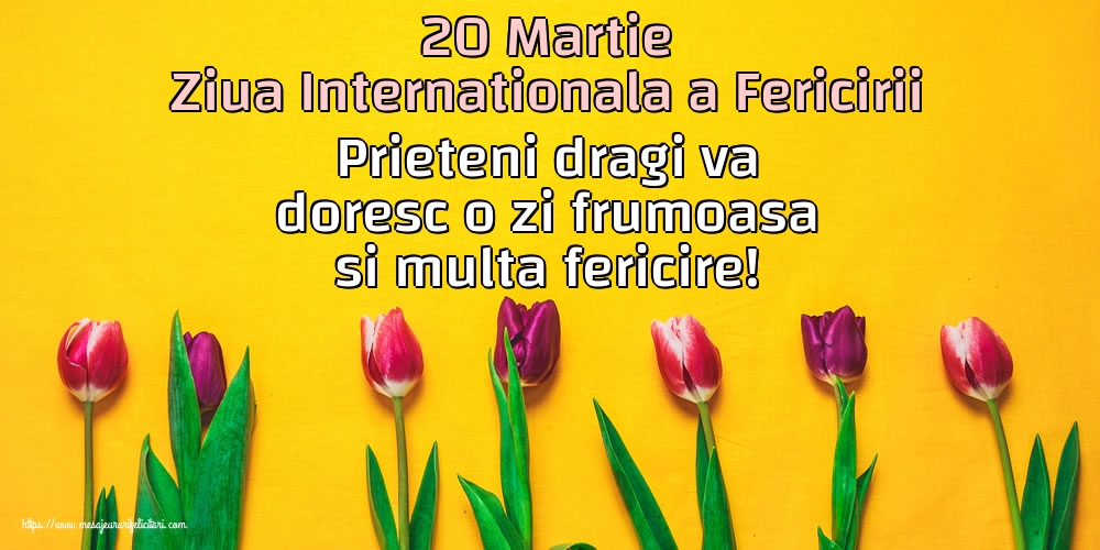 Felicitari de Ziua Fericirii - 20 Martie Ziua Internationala a Fericirii Prieteni dragi va doresc o zi frumoasa si multa fericire! - mesajeurarifelicitari.com