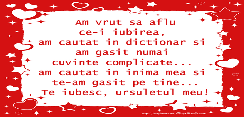Am vrut sa aflu ce-i iubirea, am cautat in dictionar si am gasit numai cuvinte complicate... am cautat in inima mea si te-am gasit pe tine... Te iubesc, ursuletul meu!
