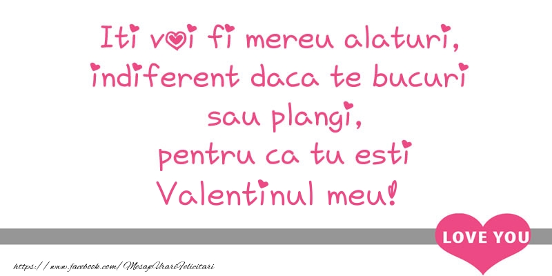 Iti voi fi mereu alaturi, indiferent daca te bucuri sau plangi, pentru ca tu esti Valentinul meu!