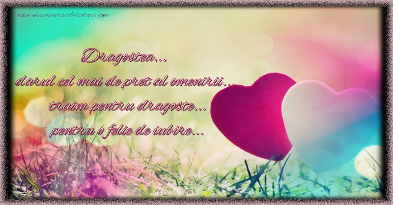 Felicitari Ziua indragostitilor - Dragostea...  darul cel mai de pret al omenirii...  traim pentru dragoste...  pentru o felie de iubire... - mesajeurarifelicitari.com