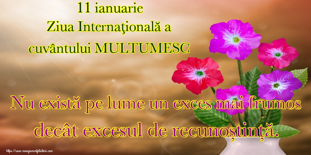 Felicitari de Ziua Internațională a cuvântului Mulțumesc - 11 ianuarie Ziua Internaţională a cuvântului MULTUMESC Nu există pe lume un exces mai frumos decât excesul de recunoștință.