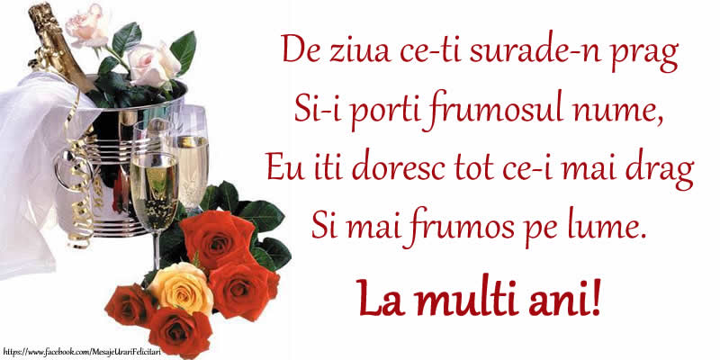 felicitari ziua numelui Poezie de ziua numelui: De ziua ce-ti surade-n prag / Si-i porti frumosul nume, / Eu iti doresc tot ce-i mai drag / Si mai frumos pe lume. La multi ani!