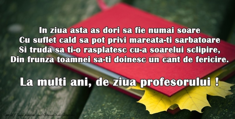 In ziua asta as dori sa fie numai soare / Cu suflet cald sa pot privi mareata-ti sarbatoare / Si truda sa ti-o rasplatesc cu-a soarelui sclipire, Din frunza toamnei sa-ti doinesc un cant de fericire. La multi ani, de ziua profesorului!
