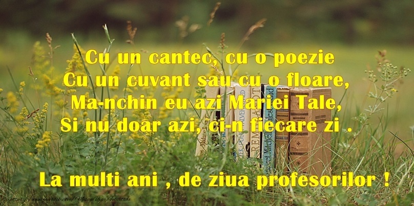 Felicitari de Ziua Profesorului - Cu un cantec, cu o poezie / Cu un cuvant sau cu o floare, Ma-nchin eu azi Mariei Tale / Si nu doar azi, ci-n fiecare zi. La multi ani, de ziua profesorilor! - mesajeurarifelicitari.com